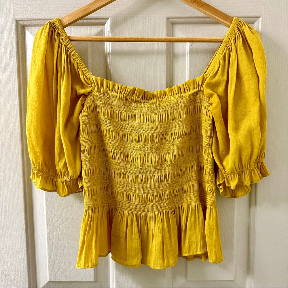 Ice Bird Mustard Yellow Gold Smocked Elbow length Puff Sleeved Blouse - S